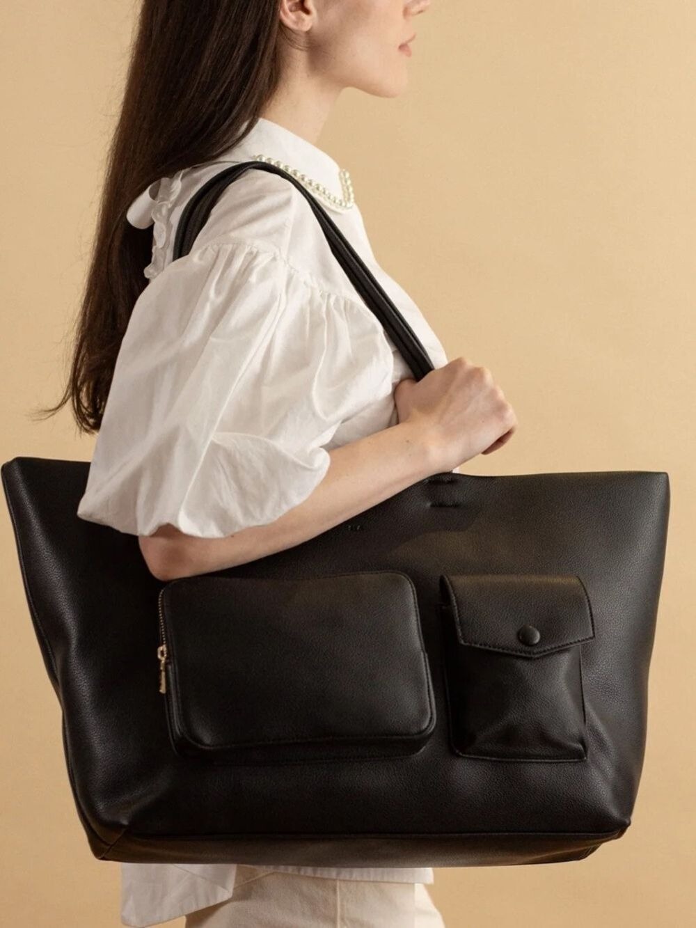ELA Pocket Tote in Black Pebble vegan Leather shoulder bag weekender laptop bag